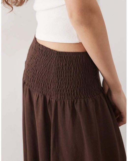 ASOS Brown Linen Blend Shirred Waist Maxi Skirt