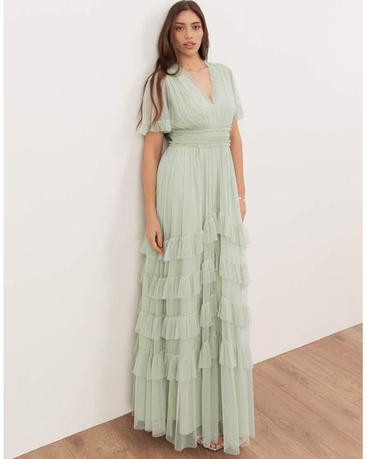 ANAYA Green V Neck Ruffle Tulle Maxi Dress