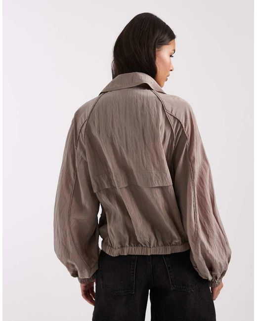 & Other Stories Brown Nylon Short Bomber Jacket With Waist Pleat Detail