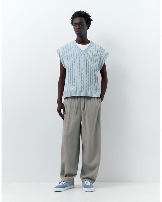Pull&Bear Gray Linen Blend Trousers for men