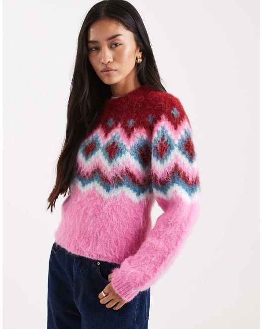 Maglione Spazzolato Fair Isle Con Spalle Pronunciate di ASOS in Pink