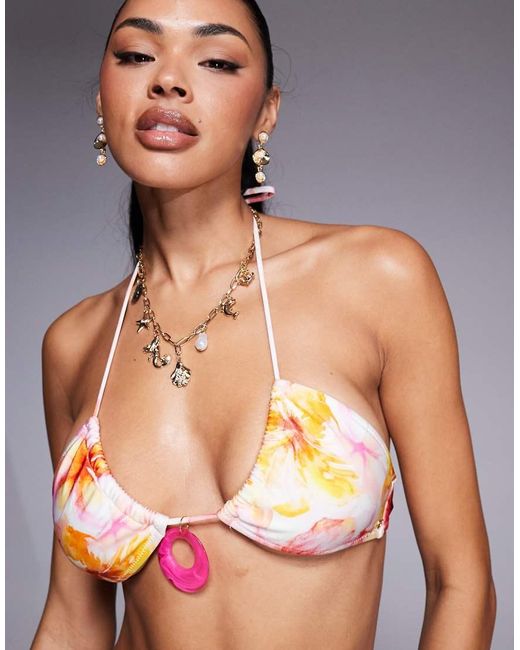 Top Bikini Multicolore Allacciato Al Collo Con Disco E Stampa A Fiori di Candypants in Pink
