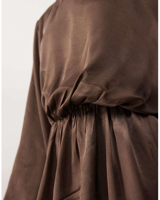 Reclaimed Vintage Natural Off The Shoulder Balloon Sleeve Satin Asymmetric Dress