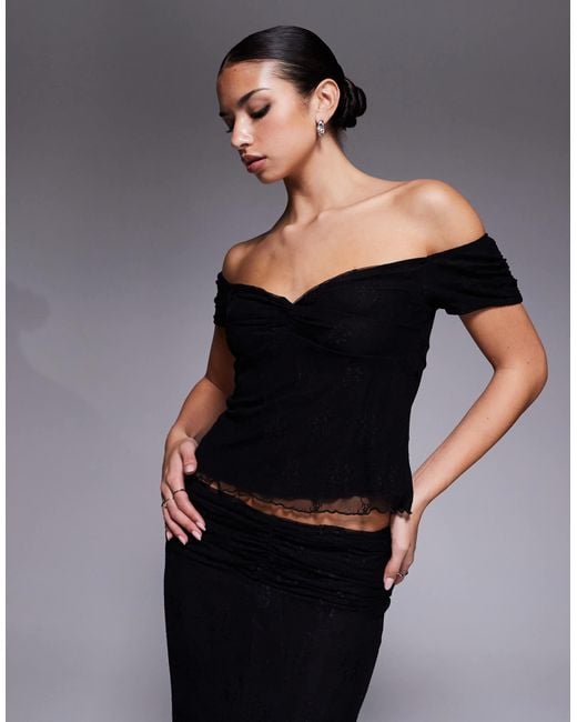 Fashionkilla Black Exclusive Floral Lace Mesh Overlay Sweetheart Neckline Off Shoulder Floaty Hem Top Co-ord