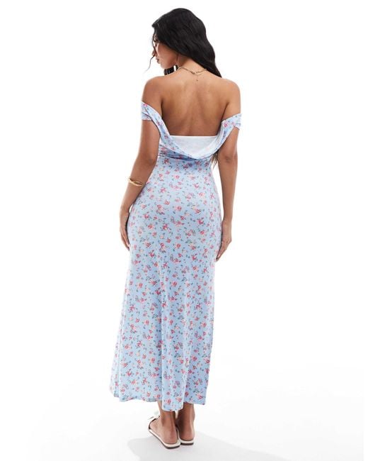 ASOS Blue – schulterfreies wickel-midikleid mit wasserfallausschnitt auf der rückseite und zipfelsaum