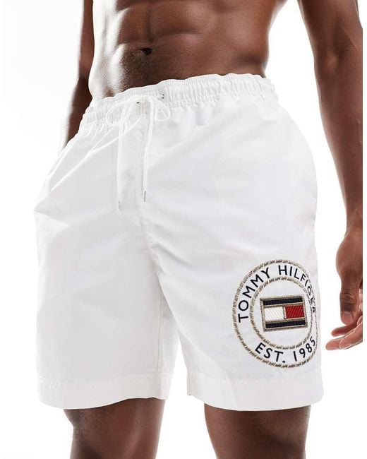 Tommy Hilfiger White Logo Long Drawstring Swim Shorts for men