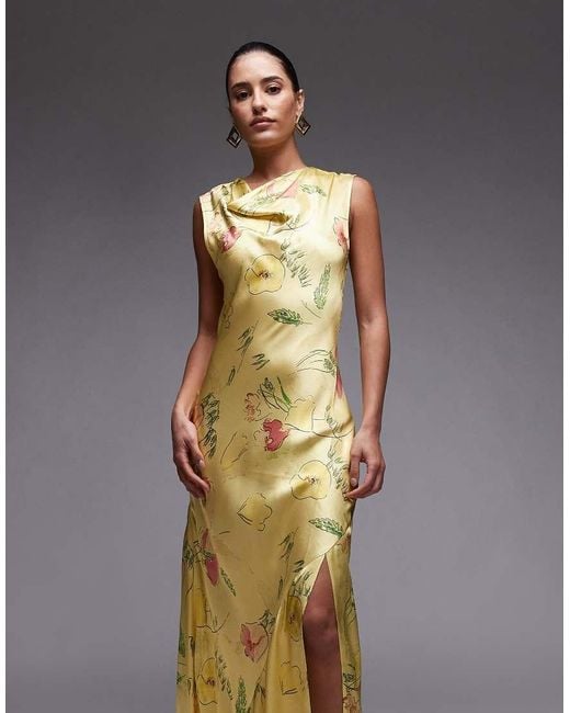 Vestido Largo Verde Con Estampado Floral Y Cuello Drapeado De TOPSHOP de color Green