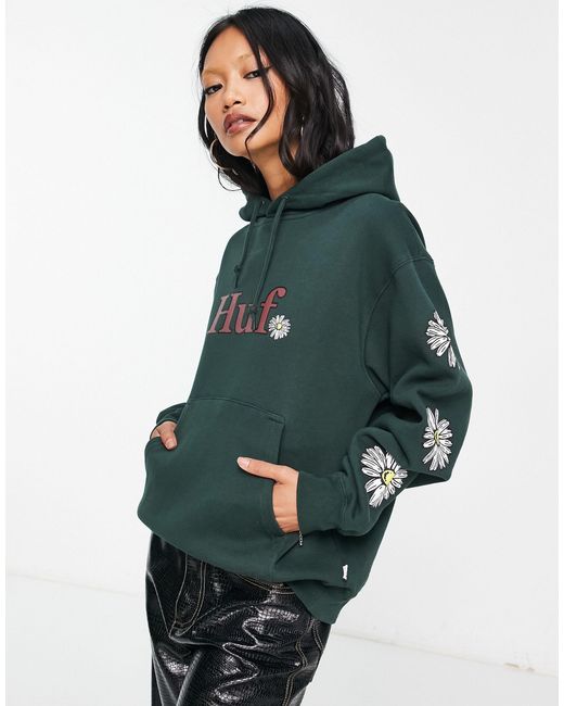 Huf Green Oversized Hoodie With Front Logo And Daisy Arm Print