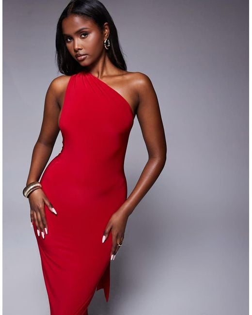 Kaiia Red Exclusive Double Laye Slinky One Shoulder Knot Gold Hardware Back Detail Maxi Dress