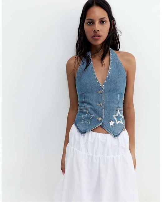 Pull&Bear Blue Star Print Denim Waistcoat