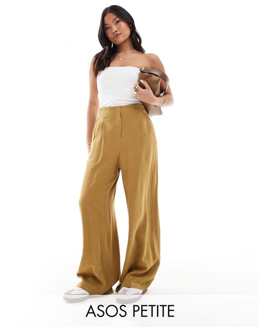 Asos design petite - pantalon taille haute à pinces aspect lin - olive ASOS en coloris Natural