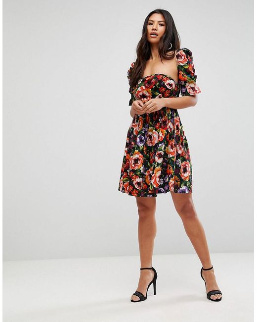Lyst Club L 50 S Fl Print Short Sleeve Dress In Black Club L Black 50 S Fl Print Short Sleeve Dress Lyst