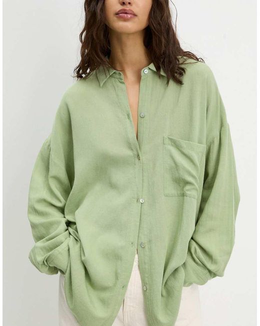 Pull&Bear Oversized Overhemd Van Linnenmix in het Green