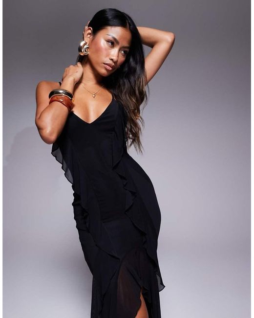 Murci Blue Exclusive Ruffle Detail Cami Front Split Maxi Dress