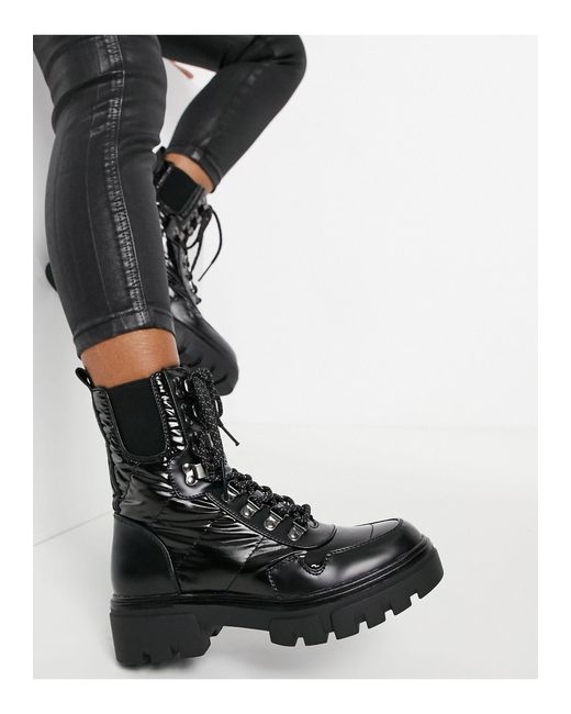 Replay Black Chunky Lace Up Shiny Boots