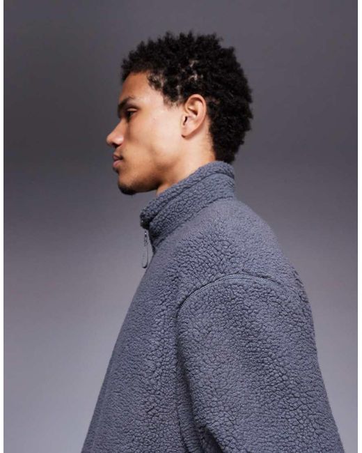 ASOS Blue Relaxed Funnel Neck Zip Through Borg Sweatshirt for men
