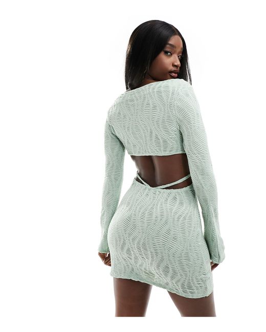 ASOS Green Textured Long Sleeve Mini Dress With Open Back And Strap Detail
