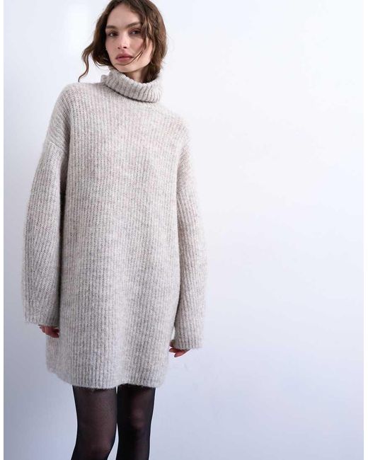 TOPSHOP White Knitted Roll Neck Mini Dress