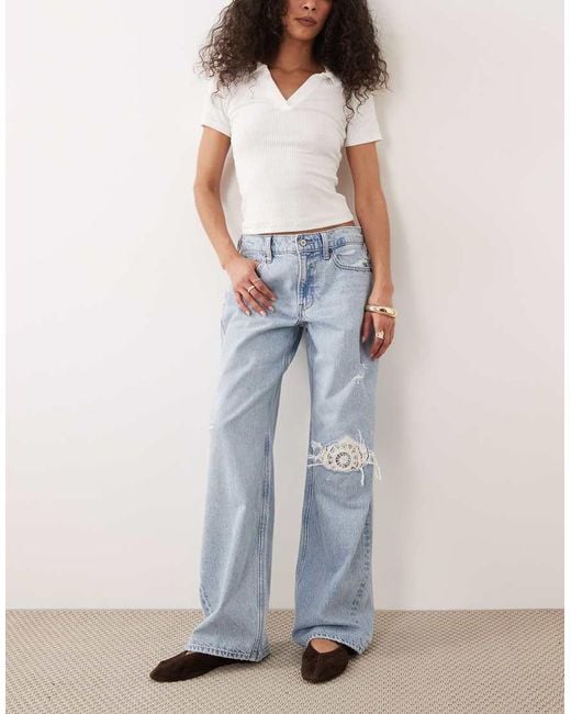 Abercrombie & Fitch Blue baggy Fit Low Rise Jeans With Crochet Rip Detail