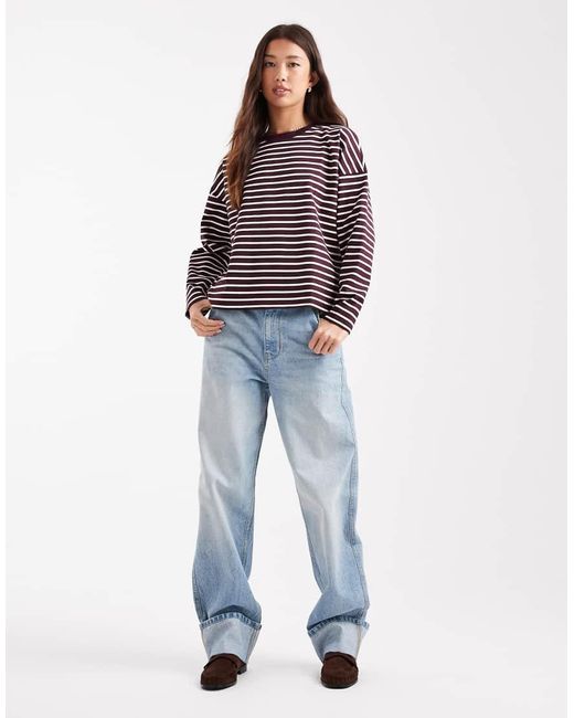 Camiseta Burdeos A Rayas Blancas Extragrande De Manga Larga De -Rojo Vero Moda de color Red