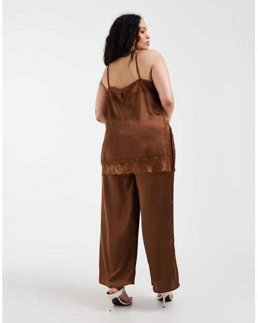 ASOS Brown Asos Design Curve Satin Lace Cami Jumpsuit