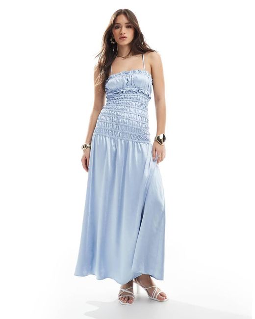 The Frolic Blue Exclusive Satin Ruched Dropped Waist Maxi Dress