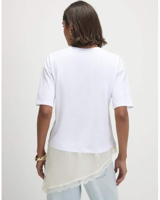 River Island White Cotton Lace Hem Asymmetric T-Shirt