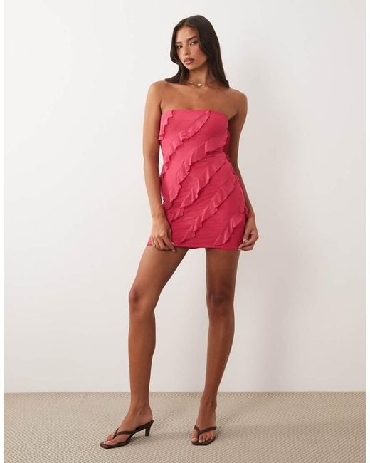 Oh Polly Red Bandeau Asymmetric Frill Trim Mini Dress