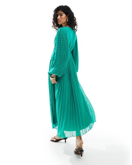 ASOS Green Pleated Textured Chiffon Wrap Button Detail Maxi Dress