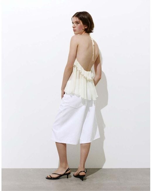 Pull&Bear White Halter Top With Ruffles