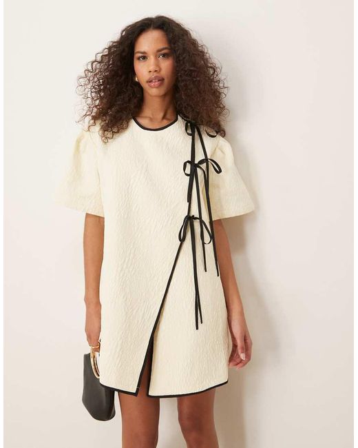 Ghospell Natural Asymmetric Contrast Bow Mini Dress