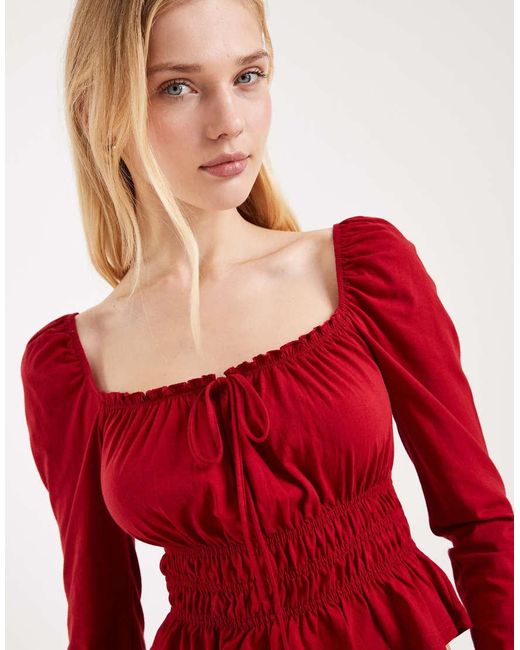 Miss Selfridge Red Long Sleeve Milkmaid Top
