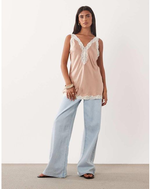 Mango Pink Satin Vest Top With Lace Trim