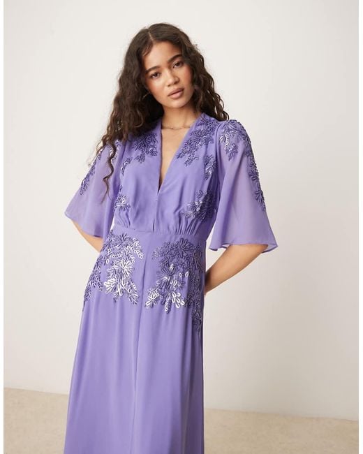 Hope & Ivy Purple Hartley Plunge Front Embellished Maxi Dress With Flutter Sleeves