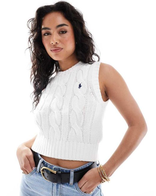 Polo Ralph Lauren White Cable Knit Sleeveless Jumper With Logo