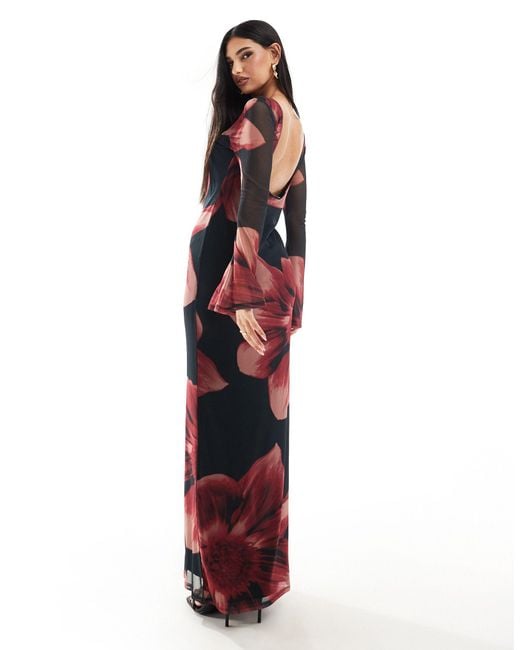 ASOS Red Low Back Floral Mesh Maxi Dress With Angel Sleeves