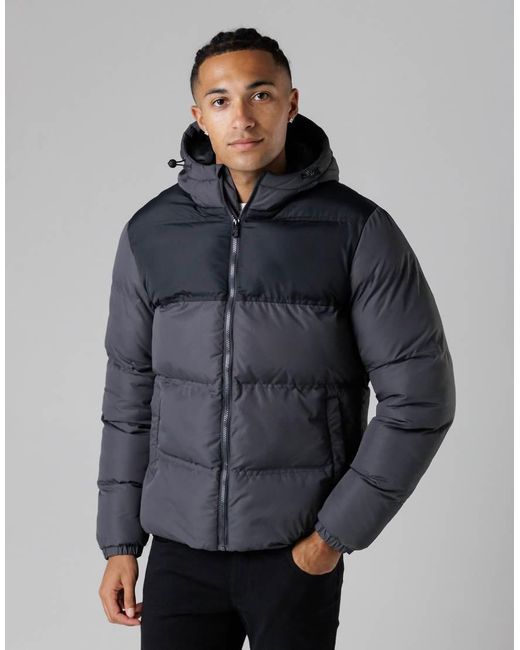 French Connection Blue Colour Block Hooded Puffer Jacket With High Neck for men