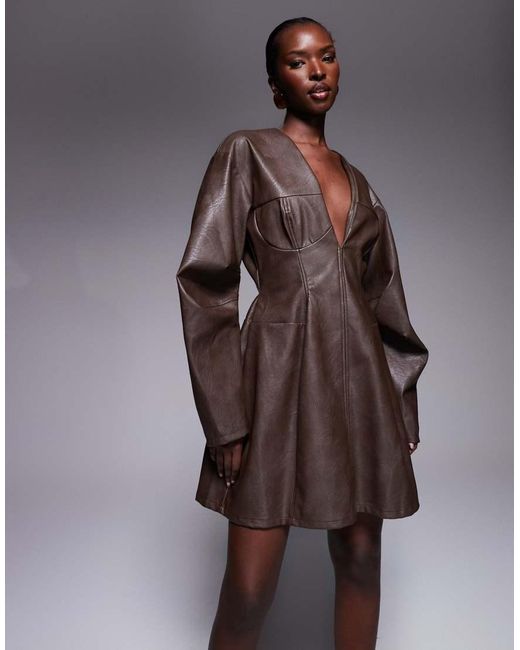 ASOS Brown Structured Pu Cocoon Sleeve Seam Detail Mini Dress