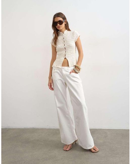 TOPSHOP White Crochet Cap Sleeve Button Top