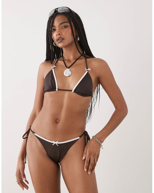 Lioness Brown Rio Bow Detail Contrast Trim Tie Side Bikini Bottom Co-ord