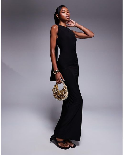 Kaiia Black Exclusive Double Layered Slinky Racerneck Gathered Back Drape Detail Maxi Dress