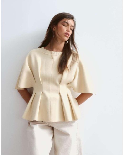 ARRANGE Natural Knit Short Sleeve Cinched Pleated Top