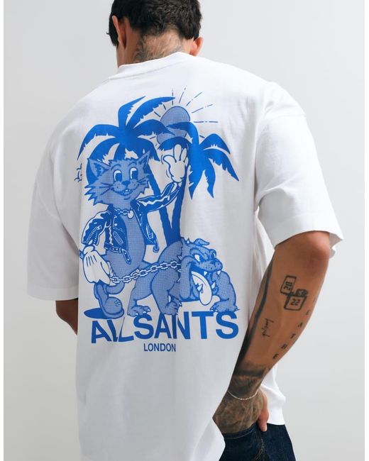 AllSaints Blue Bulldog Short Sleeve Graphic Logo T-Shirt With Back Print for men