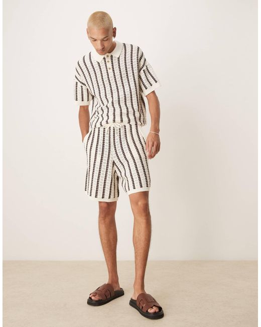 ASOS Natural Relaxed Crochet Knit Button Up Polo Shirt With Stripe Pattern for men
