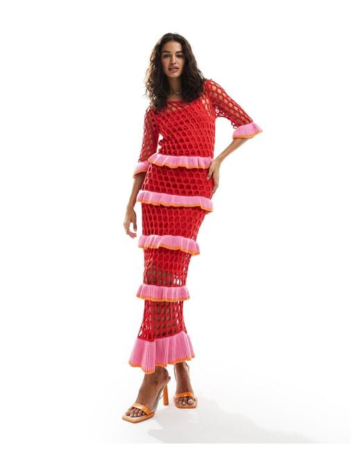 Never Fully Dressed Red Contrast Crochet Maxi Dress