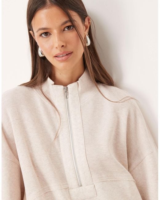 ASOS Natural Half Zip Sweatshirt With Waffle Panel Detail