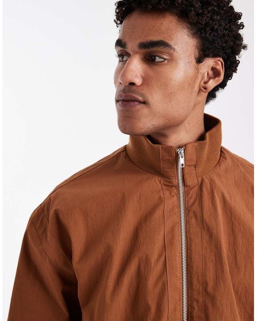 ASOS Brown Ribbed Funnel Neck Bomber Jacket for men