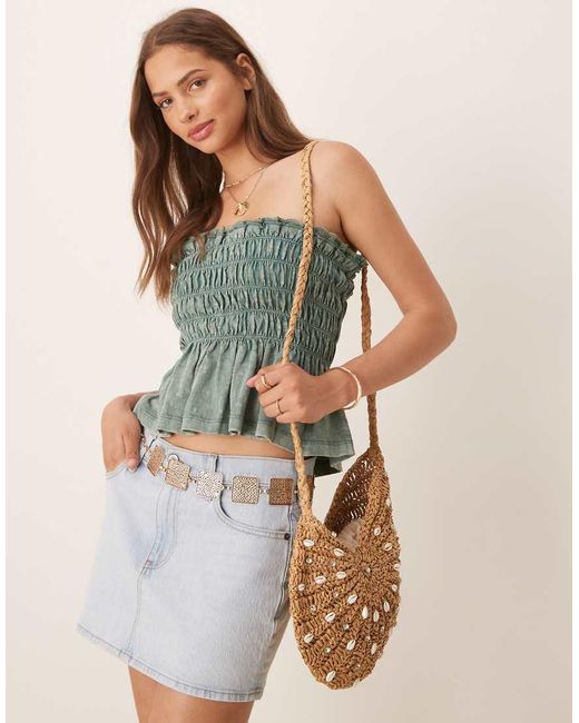 ASOS Green Shirred Bandeau Top With Broderie Trim Iin Washed Khaki
