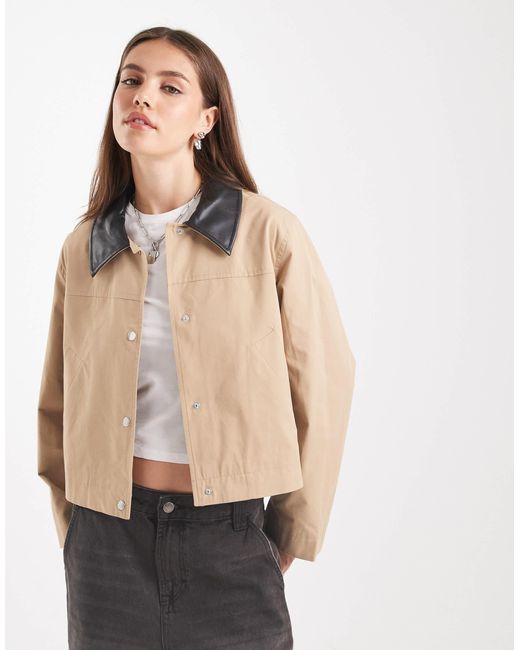 ONLY Natural Cropped Barn Jacket With Faux Leather Collar