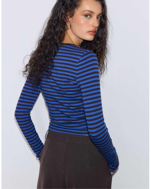 Stradivarius Blue Basic Long Sleeve Striped Cotton T-Shirt